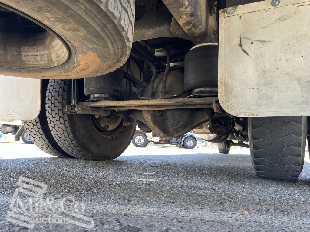 2005 Hino Ranger Tray Back Truck with Crane undercarriage showing air bag suspension