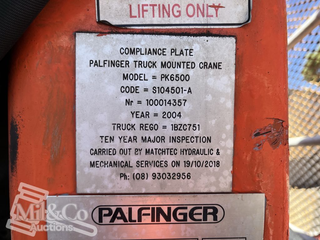 2005 Hino Ranger Tray Back Truck with Crane crane 10 year inspection plate