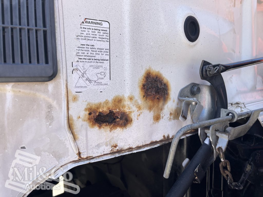 2005 Hino Ranger Tray Back Truck with Crane rust showing on rear of cab