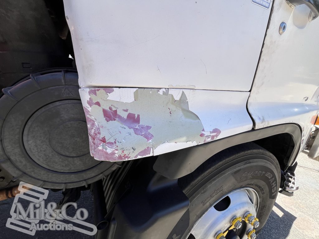 2005 Hino Ranger Tray Back Truck with Crane drivers side panel damage