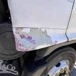 2005 Hino Ranger Tray Back Truck with Crane drivers side panel damage