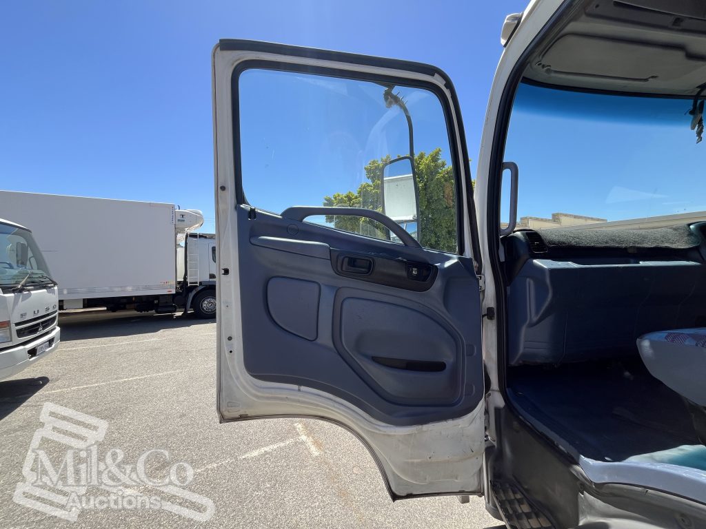 2005 Hino Ranger Tray Back Truck with Crane passenger doorway