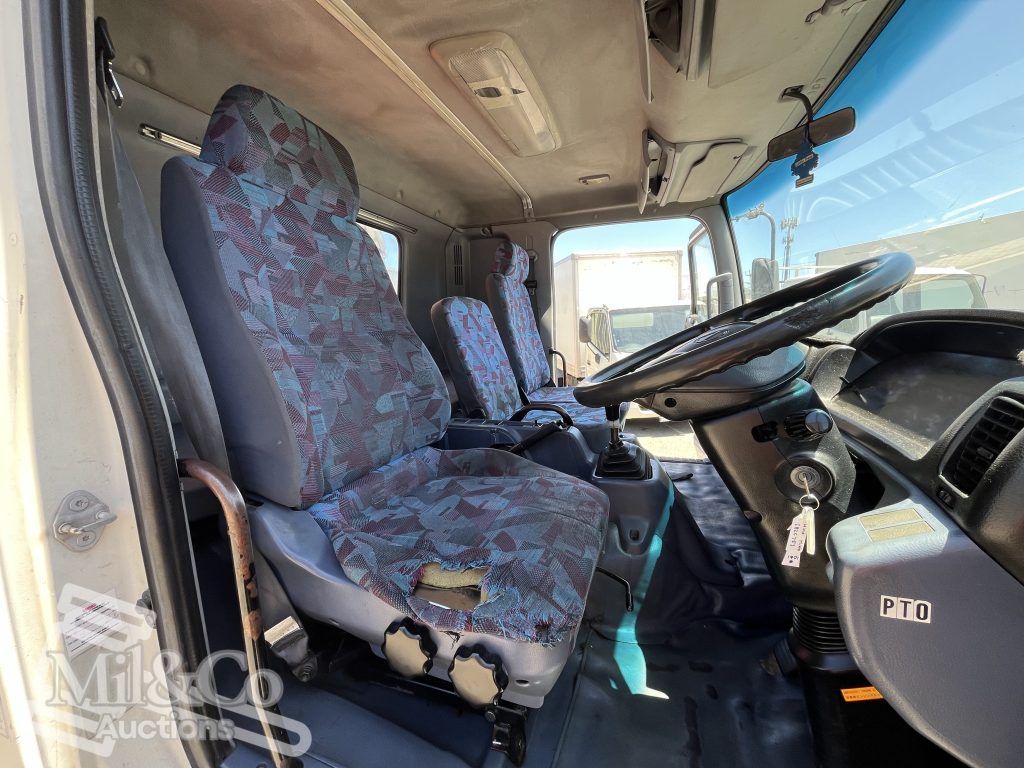 2005 Hino Ranger Tray Back Truck with Crane interior drivers seat and steering wheel