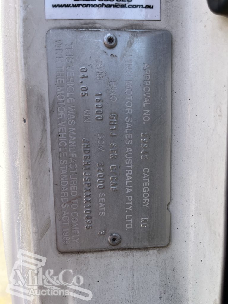 2005 Hino Ranger Tray Back Truck with Crane identification plate