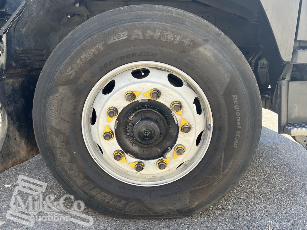 2012 Isuzu FVZ 1000 Tray Back Truck with Hiab front tyre showing 295/80R22.5