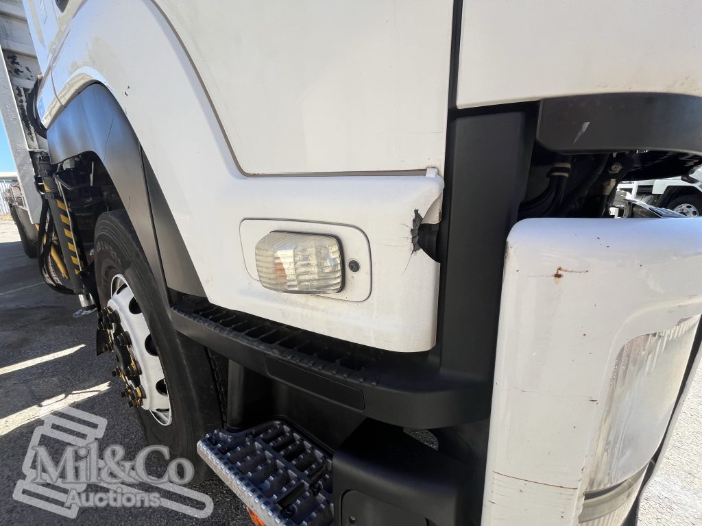 2012 Isuzu FVZ 1000 Tray Back Truck with Hiab drivers door flare cracked