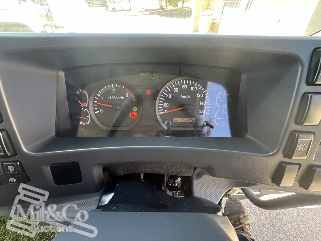 2012 Isuzu FVZ 1000 Tray Back Truck with Hiab instrument cluster showing 363026 kilometres