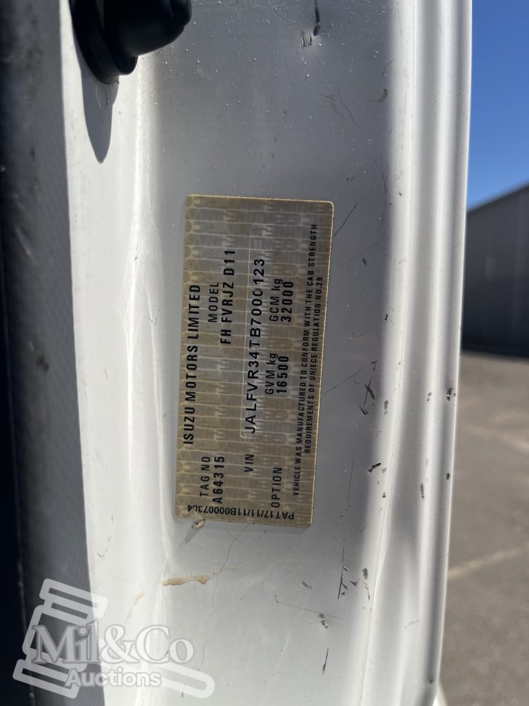 2012 Isuzu FVZ 1000 Tray Back Truck with Hiab identification plate