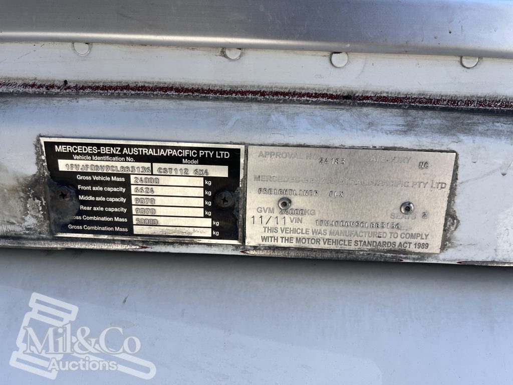 2011 Freightliner CST112 50 tonne Prime Mover with Hydraulics vehicle identification plates